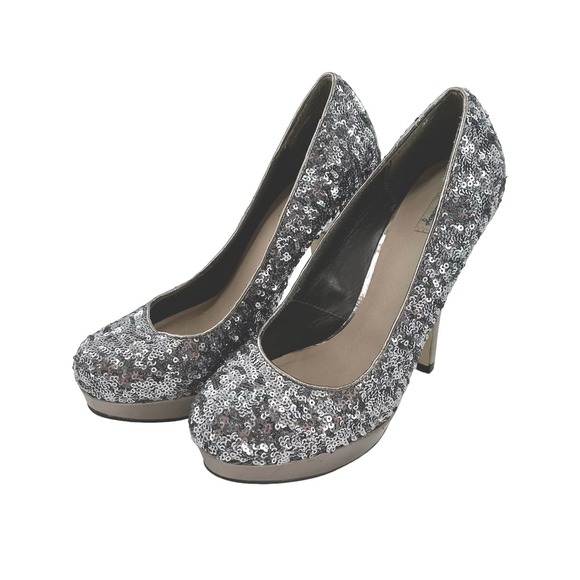 Olsenboye Silver Sequin Parys Round Toe Platform High Heel Stilettos Size 7.5 - Picture 1 of 11